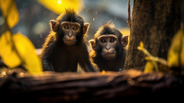 Dos lindos monitos sentados en un árbol creado con IA generativa