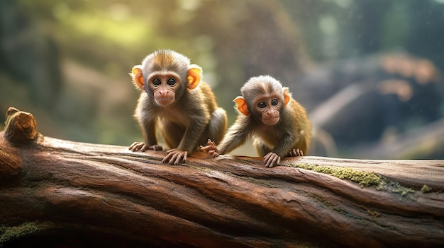 Dos lindos monos bebés jugando en un tronco de madera IA generativa