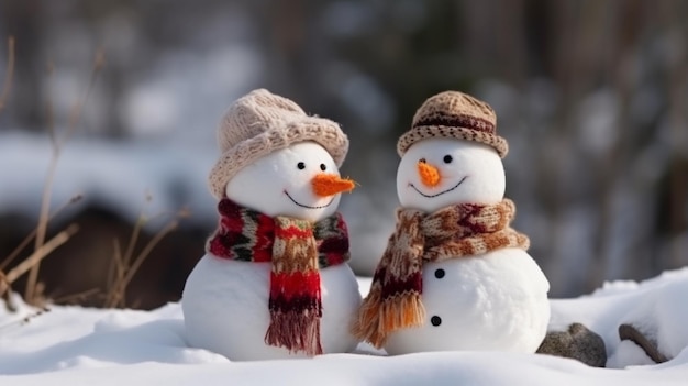 Dos lindos muñecos de nieve risueños con gorro de lana y bufanda generados por IA