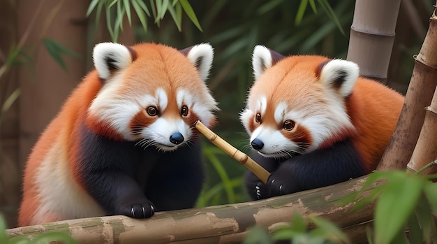 Dos lindos pandas rojos saboreando bambú juntos