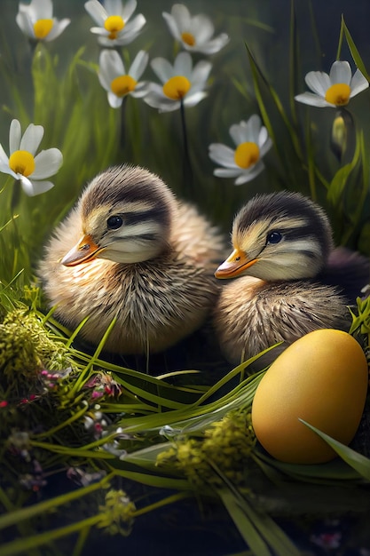 Dos lindos patitos en el nido cerca de los huevos.