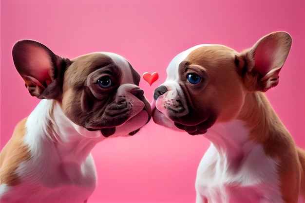 Dos lindos perros enamorados sobre fondo rosa vacío Mascotas cerca uno del otro Ai generativo