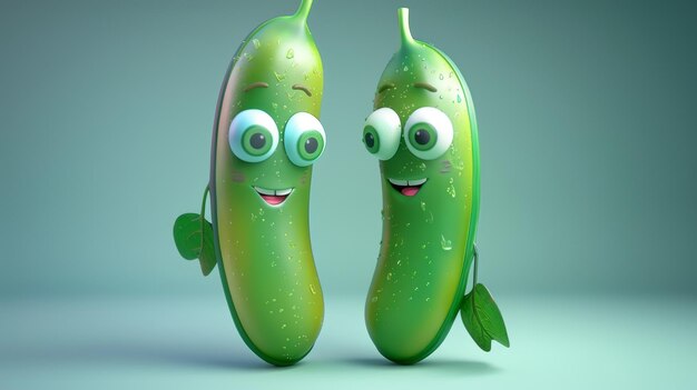 Foto dos lindos personajes de dibujos animados en 3d de guisantes verdes, semilla de guisante, verdura con ojos y una sonrisa, mascota divertida con fondo plano y espacio de copia, diseño digital con ia.