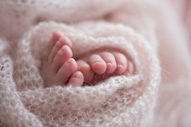 Dos lindos pies de bebé pequeños envueltos en una manta de punto rosa. . Foto de alta calidad