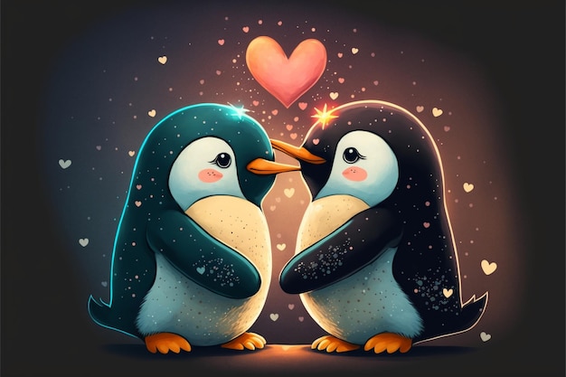 Dos lindos pingüinos enamorados corazones romántico Generativo Ai