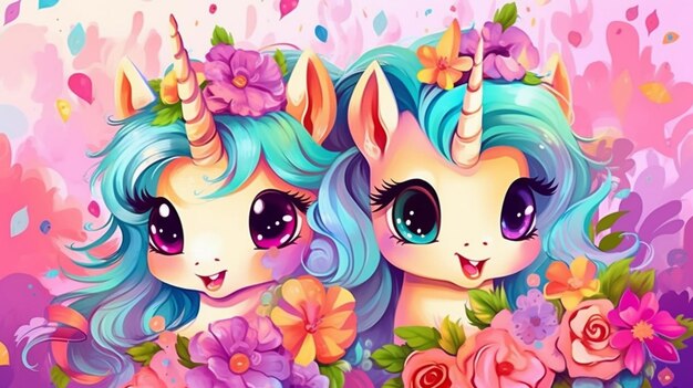 dos lindos unicornios con flores y hojas en sus cabezas generativo ai