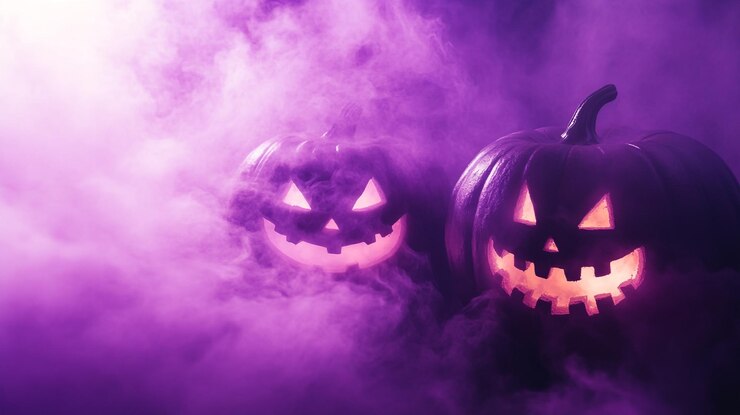 Dos linternas brillantes rodeadas de humo púrpura durante las festividades de la noche de Halloween