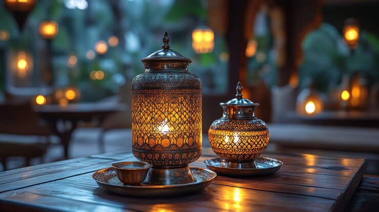 Dos linternas decorativas en una mesa de madera iluminación cálida y brillo ambiental