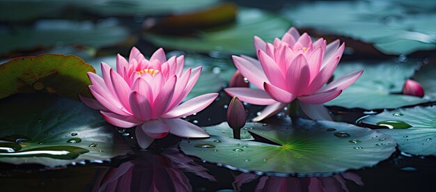 Foto dos lirios de agua rosados entre los lirios en el estanque