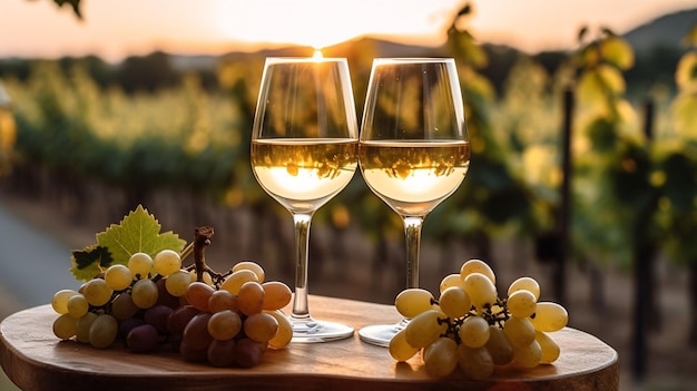 Dos llenos de una copa de vino blanco con uvas blancas contra el telón de fondo de un viñedo y puesta de sol Ai generativo