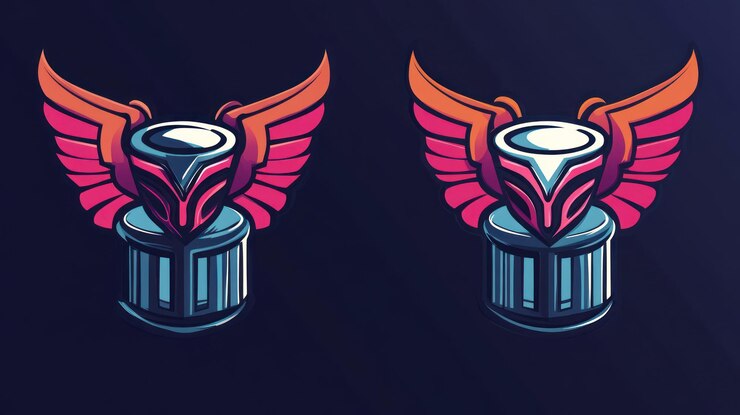 Foto dos logotipos futuristas con alas, un casco y una columna, uno con un esquema de colores rosa y naranja y el otro con un schema de colores rojo y narenja.