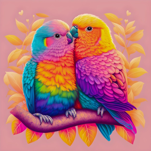 Dos loros de amor en la ilustración de colores del arco iris