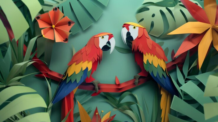 Foto dos loros de colores se posan en una rama en medio de un vibrante telón de fondo exuberante de hojas verdes y flores tropicales que exudan un ambiente exótico y animado