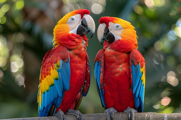 Dos loros de colores sentados en una rama