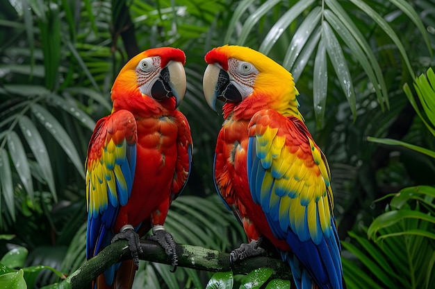 Dos loros de colores sentados en una rama