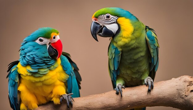 dos loros coloridos están de pie en una rama y uno tiene un pico azul y amarillo