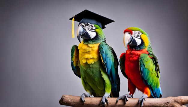 Foto dos loros están de pie en un tronco con una tapa de graduación en