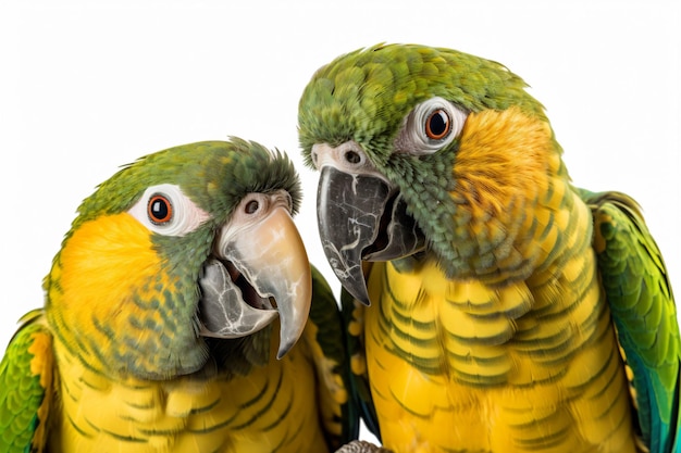 dos loros con plumas rojas y verdes parados uno al lado del otro