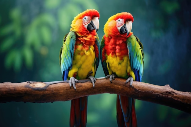 Dos loros sentados juntos en una rama en la selva tropical coloridos loros guacamayo escarlata