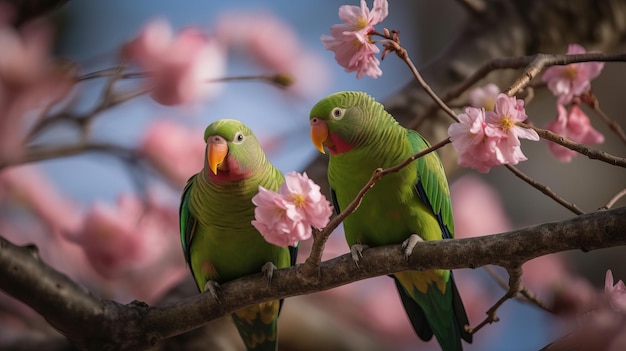 Dos loros se sientan en una rama de un cerezo en flor.