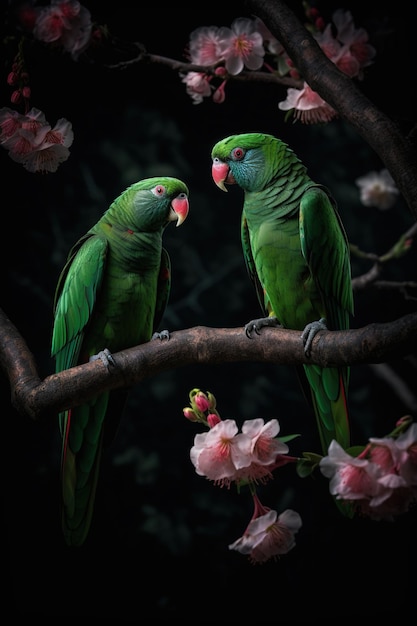 Dos loros verdes se sientan en una rama con flores rosas.