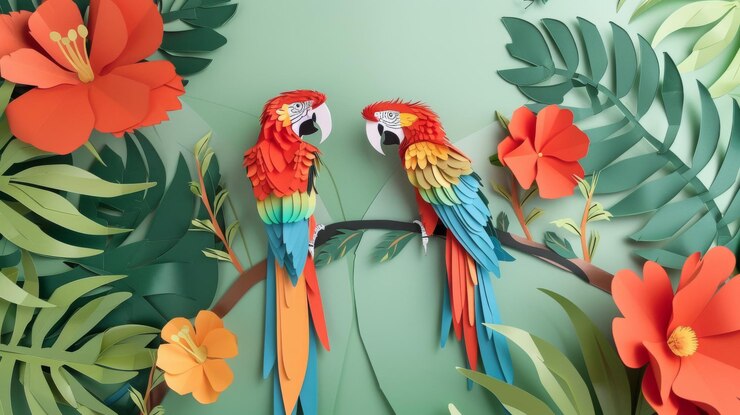 Foto dos loros de vivos colores sentados en una rama rodeados de exuberante vegetación y flores vibrantes crean una escena exótica de paraíso