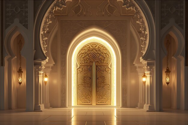 Dos luces dentro de la puerta dorada árabe
