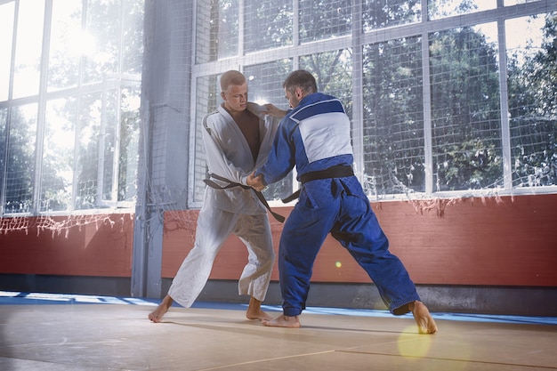 Dos luchadores de judo que muestran habilidad técnica mientras practican artes marciales en un club de lucha