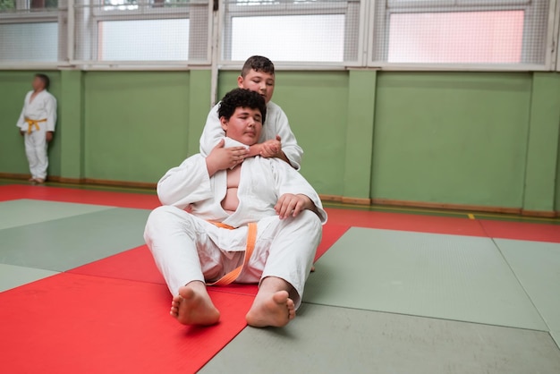 Dos luchadores de judo que muestran habilidad técnica mientras practican artes marciales en un club de lucha