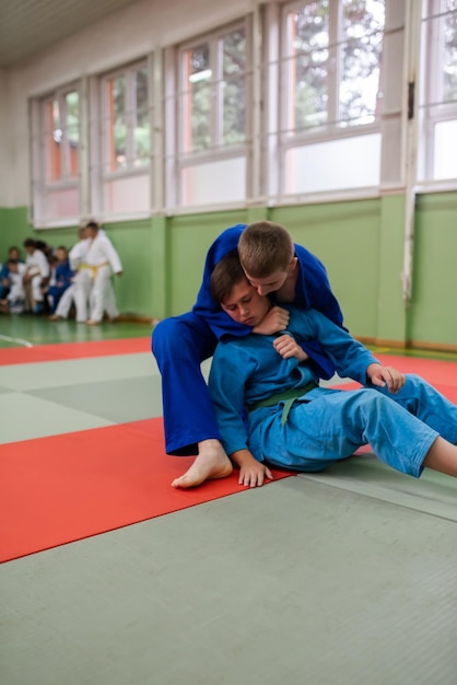 Dos luchadores de judo que muestran habilidad técnica mientras practican artes marciales en un club de lucha