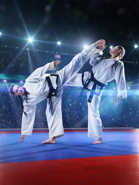 Dos luchadores de kudo están luchando en la gran arena azul y blanca.