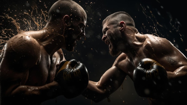 Dos luchadores profesionales de mma peleando con guantes de boxeo y salpicaduras de agua sobre fondo negro IA generativa