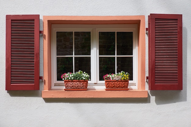 Dos macetas en la ventana vieja con persianas de madera en la pared blanca