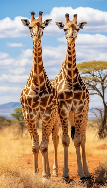 Dos majestuosas jirafas de pie en el vasto desierto de la sabana fotografía de la vida silvestre africana