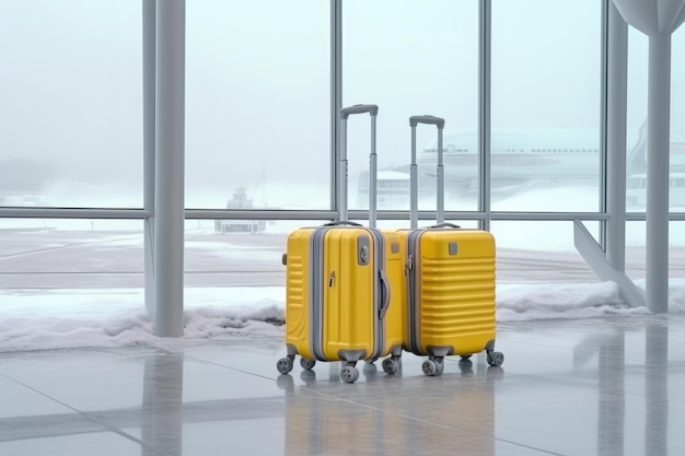 Dos maletas amarillas están en un aeropuerto con un fondo nevado.