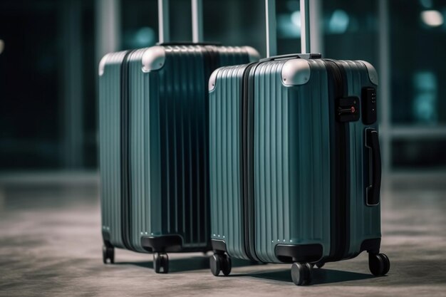 Dos maletas están sentadas en el suelo en un aeropuerto.