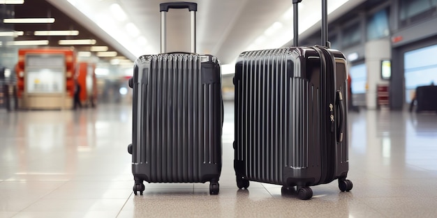 Dos maletas con estilo de pie en una sala de aeropuerto vacía