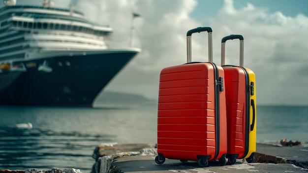 Dos maletas en un muelle con un crucero en el fondo