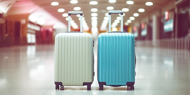 Dos maletas de plástico de pie en un pasillo vacío del aeropuerto elegantes bolsas de equipaje esperando en la sala de la terminal