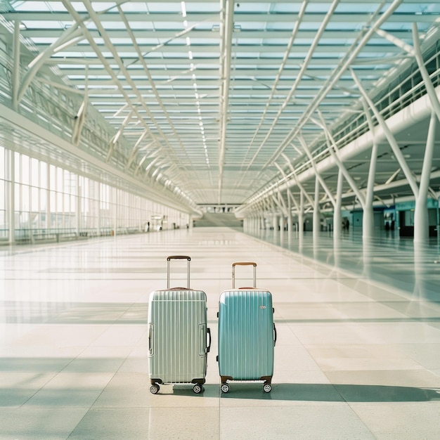Foto dos maletas en el vestíbulo vacío del aeropuerto que simbolizan la anticipación de viajes y las vacaciones