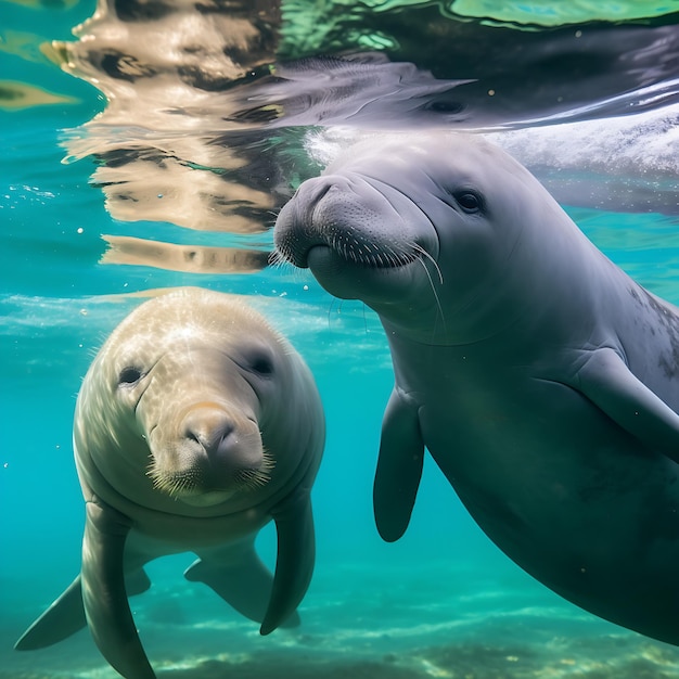 Foto dos manatíes nadan en el océano y uno mira a la cámara.