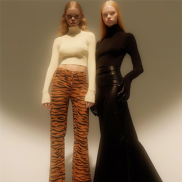 dos maniquíes con pantalones con estampado de leopardo y un vestido negro