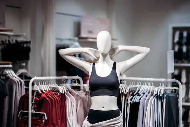 Dos maniquíes de pie en una tienda de ropa informal para mujeres