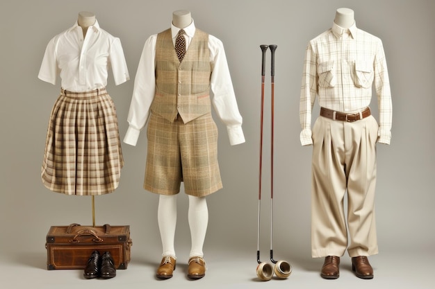 Foto dos maniquines de pie uno al lado del otro mostrando ropa y accesorios un traje de golf vintage de la década de 1920 generado por ia