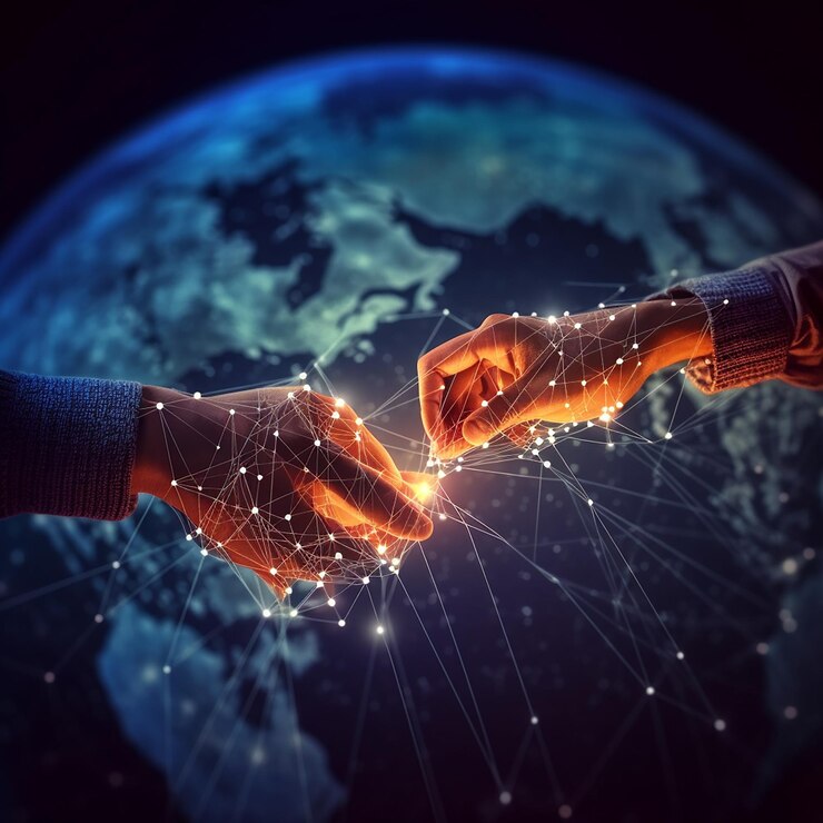 Dos manos acercándose para tocar un globo terráqueo con las palabras "conexión global" en él