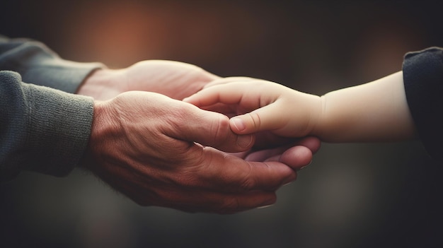 Dos manos adultas y niños tocando los dedos en una luz cálida