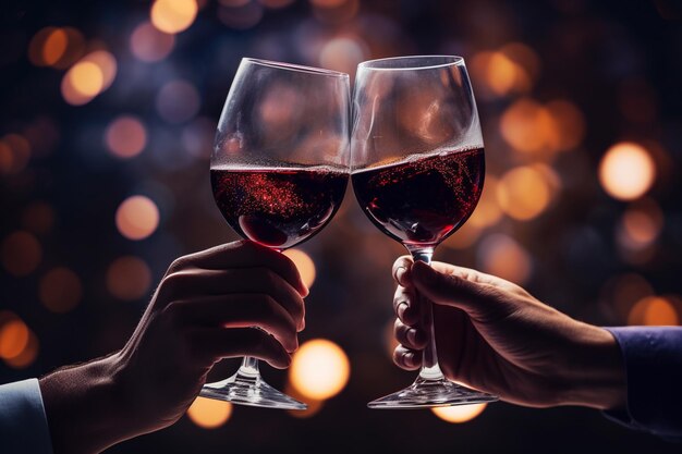 dos manos agitando una copa de vino estilo bokeh de fondo