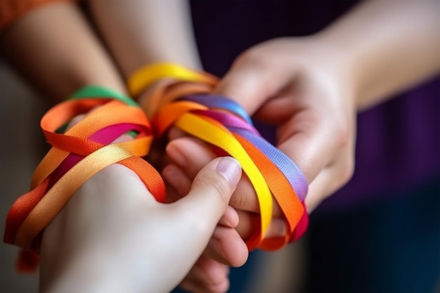 Dos manos atadas con bandas de colores del arco iris a su alrededor.