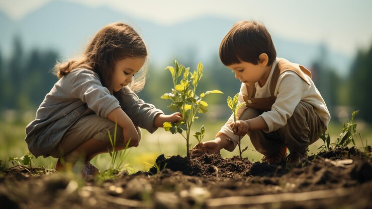 dos manos ayudando para plantar un pequeño árbol y el amanecer en el concepto de jardín mundo verde