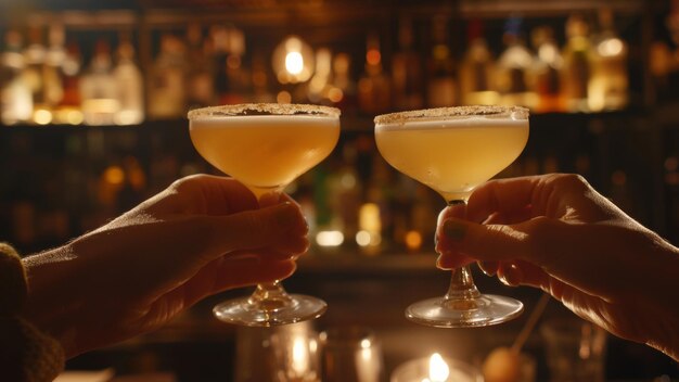 Dos manos brindando con elegantes cócteles contra un acogedor telón de fondo de bar celebrando un momento compartido de alegría